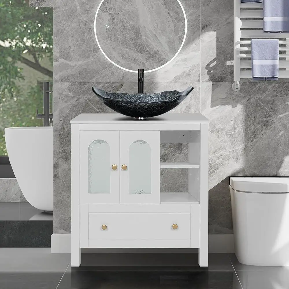 Vaidade de banheiro moderna de 30 polegadas com design de ondulação de água Armário resistente com tampo de pia de vidro de folha prateada