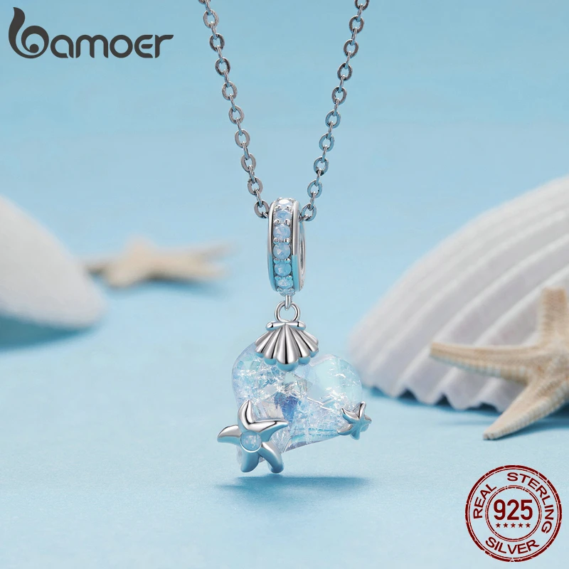 Bamoer 925 Sterling Silver Heart Shape Crystal Pendant Necklace Sea Star Neck Chain for Women Fine Jewelry Gift