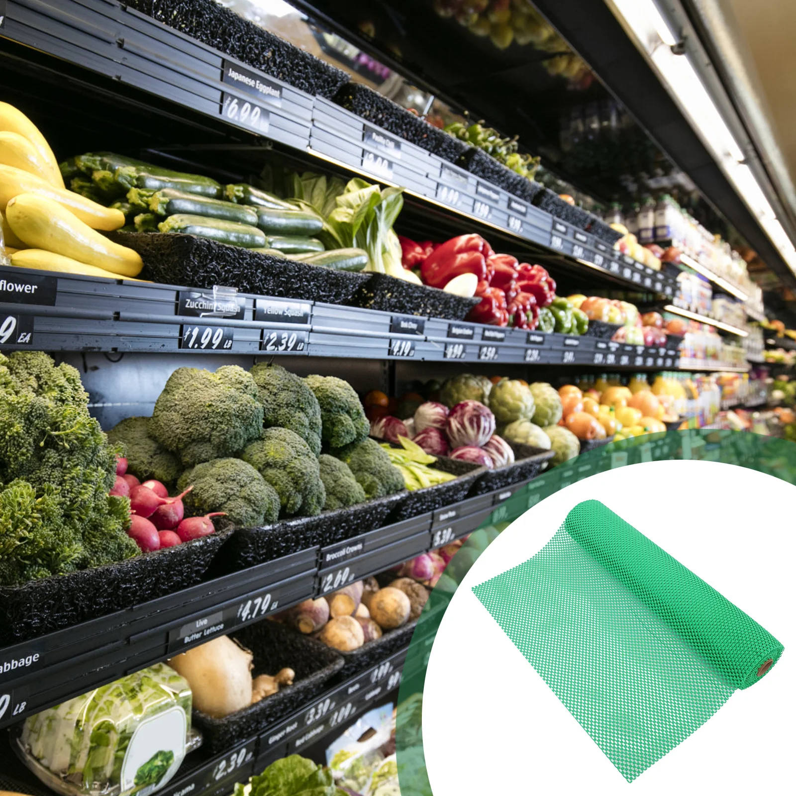

Non-Slip Thickened Mat Vegetable Display Shelf Liner for Supermarket Fruit Store Fresh Produce Protection PVC Kitchen