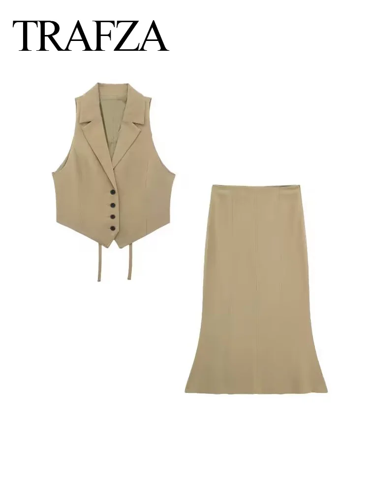 TRAF 2024 Woman Fashion Solid Khaki Suit Sleeveless Back Lace-Up Vest Waistcoats+High Waist Mermaid Skirts Set Casual Street