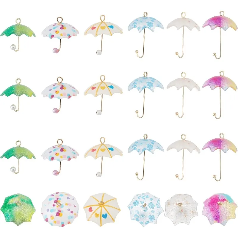 24pcs 6 Colors Acrylic Umbrella Charms Umbrellas Charm with Golden Plated Brass Loops & Plastic Imitation Pearl for DIY Earring