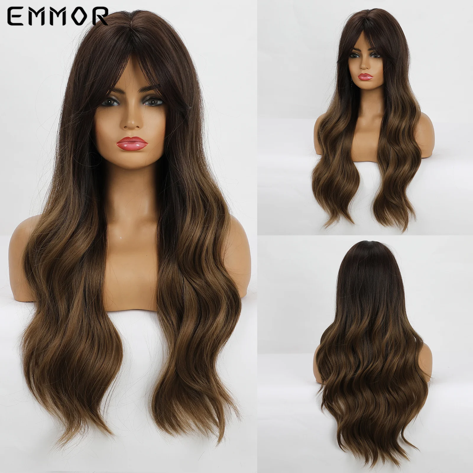 

Emmor Balayage Brown Synthetic Long Wavy Wig no Bangs Party Daily Cosplay Halloween Use Heat Resistant Fibre Hair Wigs