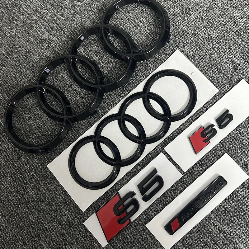 For AUDI S5 2010-2019 2PCS 4Ring logo ABS Black Car Hood Front Grill Emblem Rear Trunk Badge Sticker 2P S5 1P Audi Sport