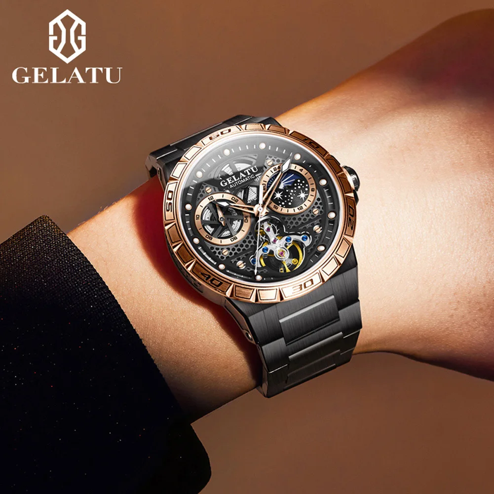 GELATU Tourbillon Automatic Mechanical Watches for Men 5Bar Waterproof Sapphire Luxury Black Steel Man Watch Relogios Masculino