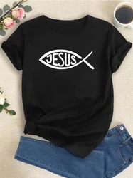 2024 Jesus Fish Symbol Christian T-Shirt O-Neck Gift Tee Short Sleeve Top Women's T-shirt