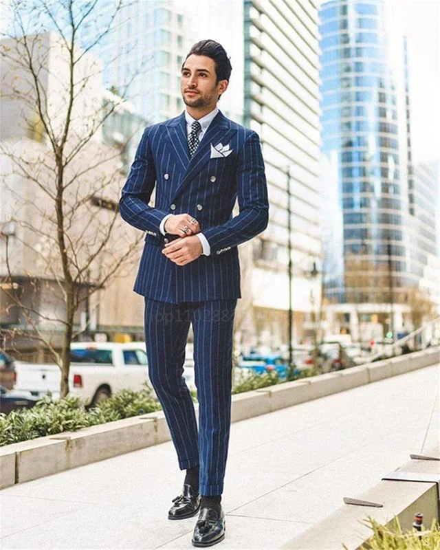 2 Piece Classic Navy Blue Striped Men\'s Suits Slim Fit Business Blazer Double Breasted Wedding Groom Tuxedos Set Terno Masculino