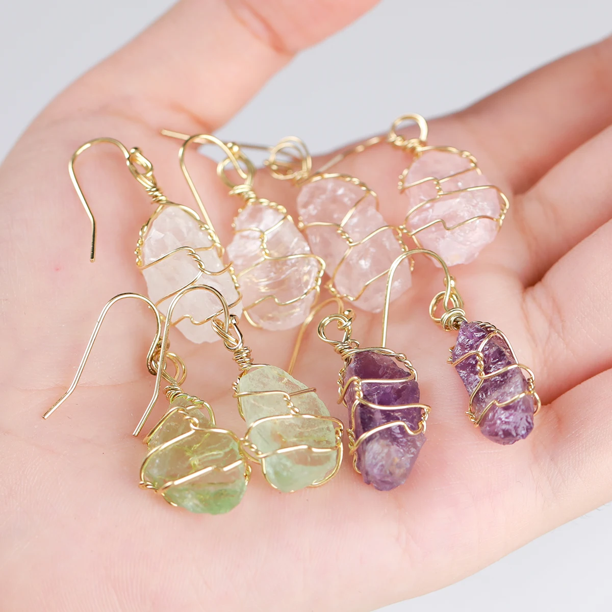 JD Natural Amethyst Raw Stone Wrapped Copper Wire Earrings for Women Bohemian Energy Healing Irregular Dangle Earring Party Gift