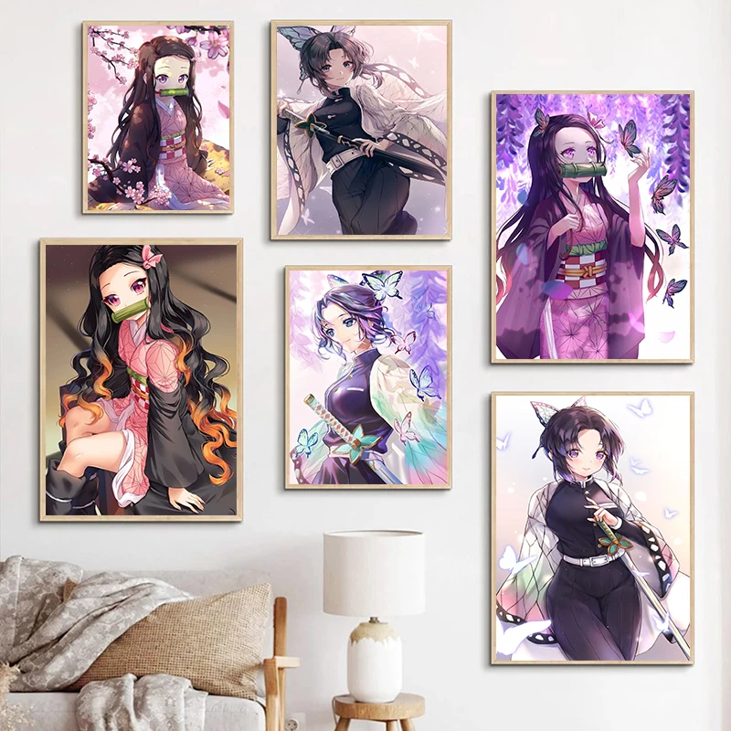 Demon Slayer Anime Figure Nezuko Kamado Frameless Canvas Painting Paint Manga Poster Mural Bedroom Home Decor Cuadros Kids Gifts