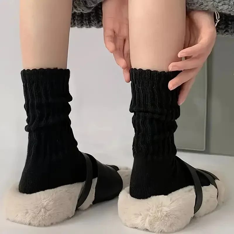 6 Pairs Women's Autumn Winter Mid-Calf Socks Fashionable Simple Solid Color Warm Comfortable Casual Stacked Knitted Socks image 2