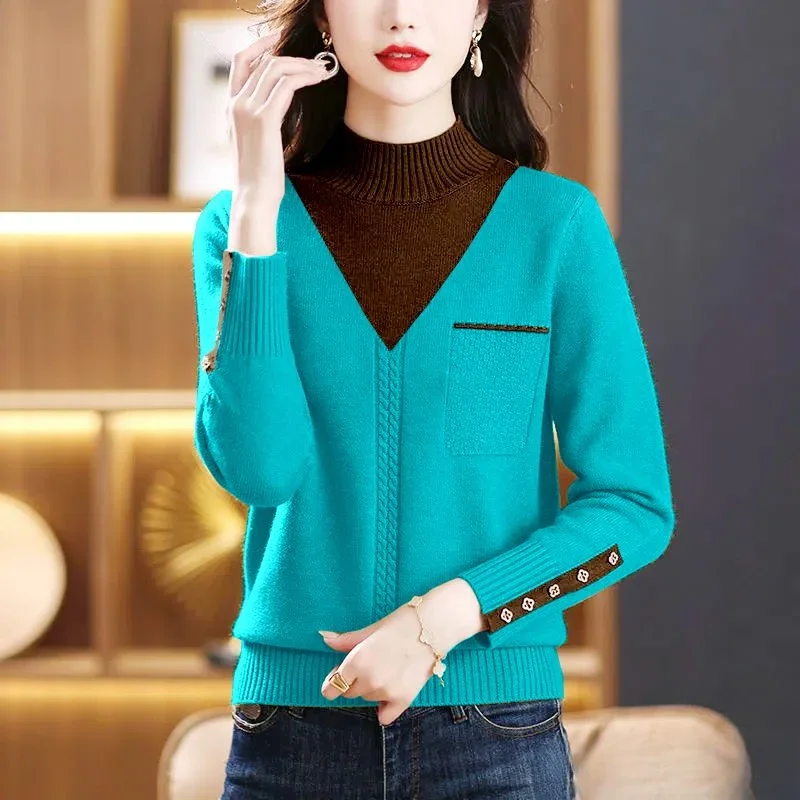 Half Turtleneck Base Shirt Women Autumn Winter New Color-blocking Sweater Knitted Fake Two-piece Top