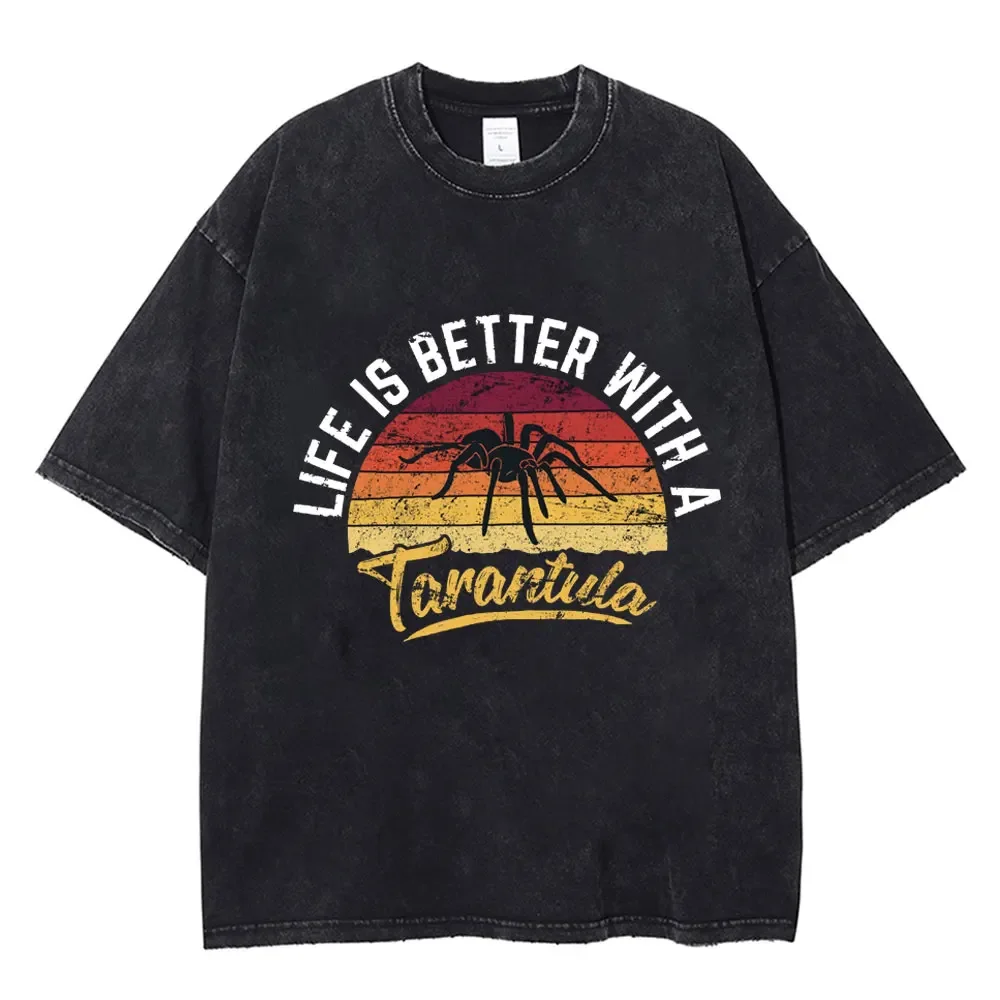 Spider Print Washed Vintage T Shirt Hip Hop Men Women T-shirt Harajuku Gothic Punk Cotton Summer Loose T Shirts Streetwear Y2k