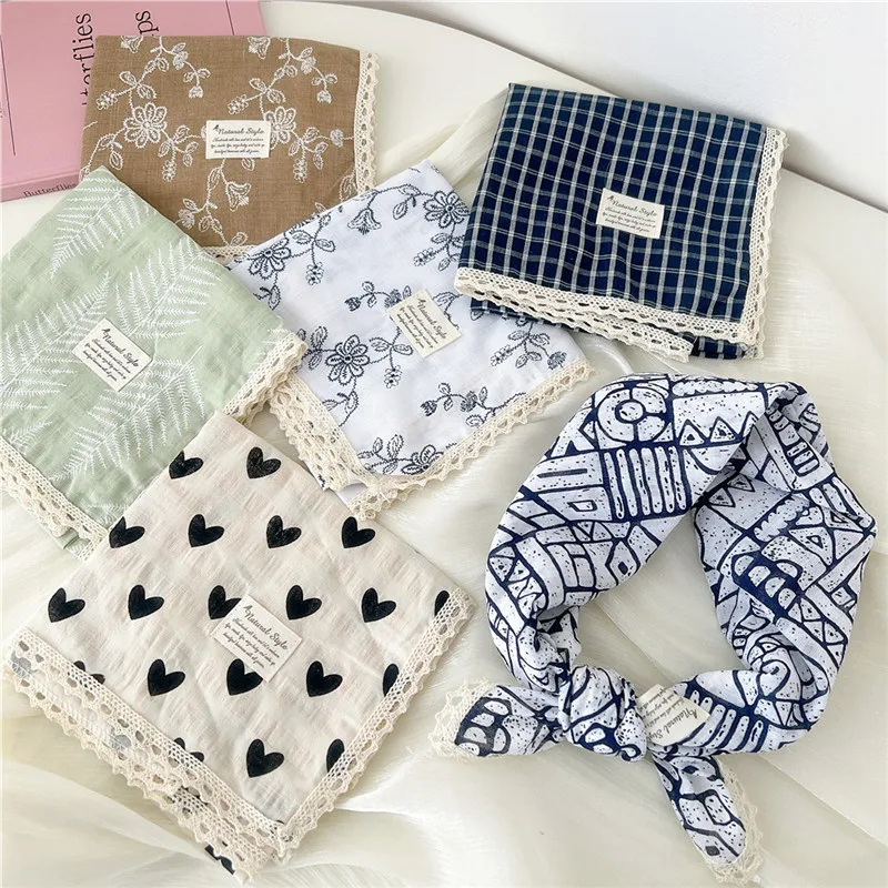 Cotton Linen Lace Edge Square Scarves 60cm Kerchief Neckerchief Bandanas Women Casual Neck Scarf Plaid Print Geometric Pattern