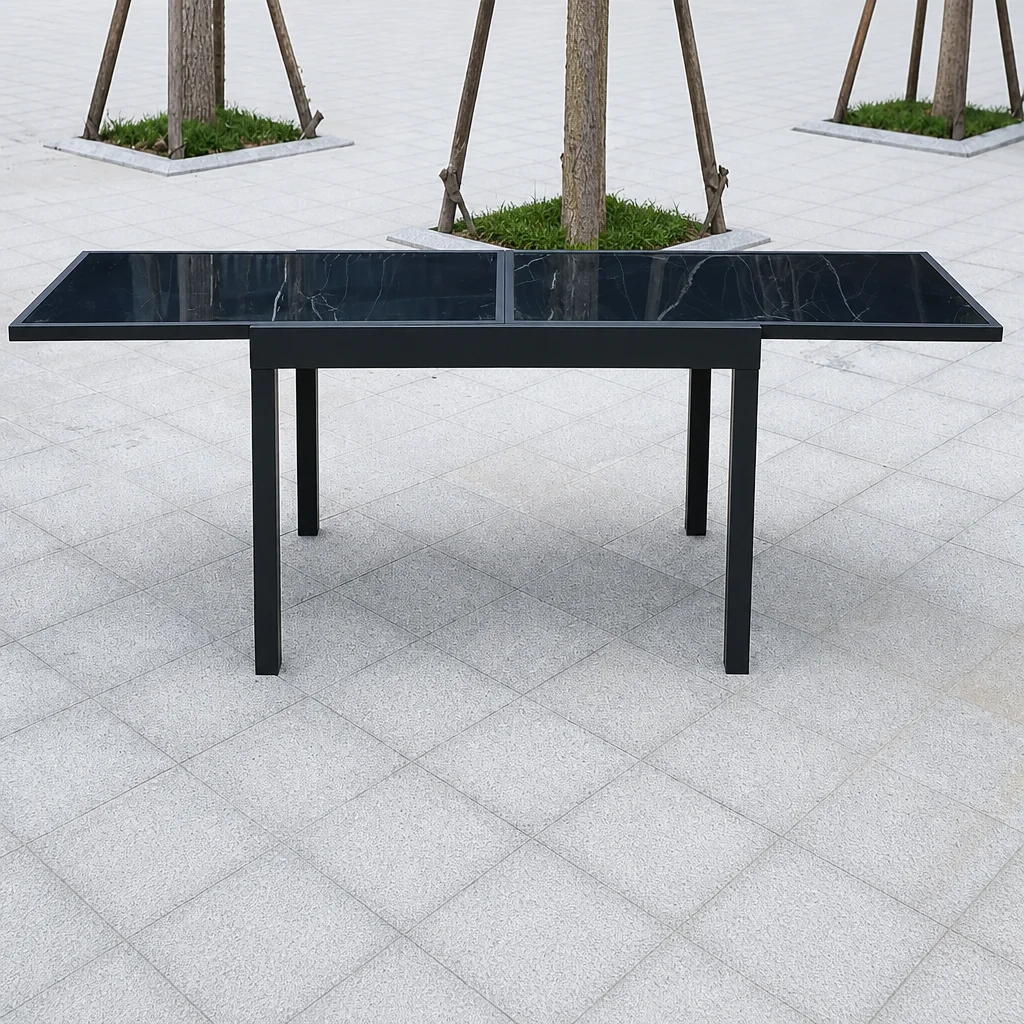 Extendable Outdoor Dining Table Marble Look Black Aluminum Frame Patio Garden Furniture Sliding Extension for Backyard