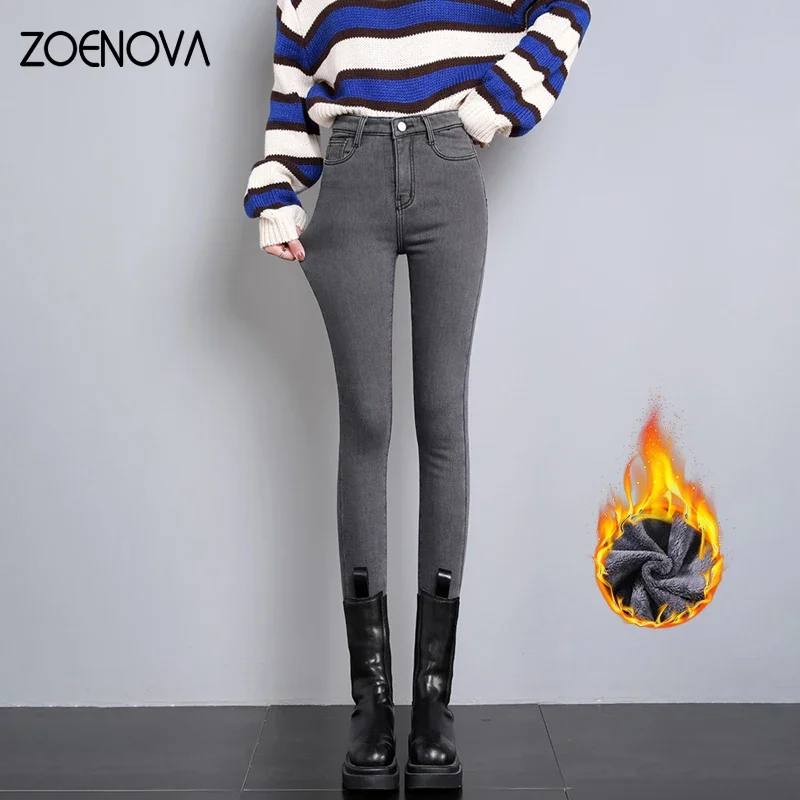 

ZOENOVA 2023 Winter Warm Women's Winter Jeans High Waist Skinny Pants Fleece Velvet Elastic Jeggings Casual Straight Jean Woman