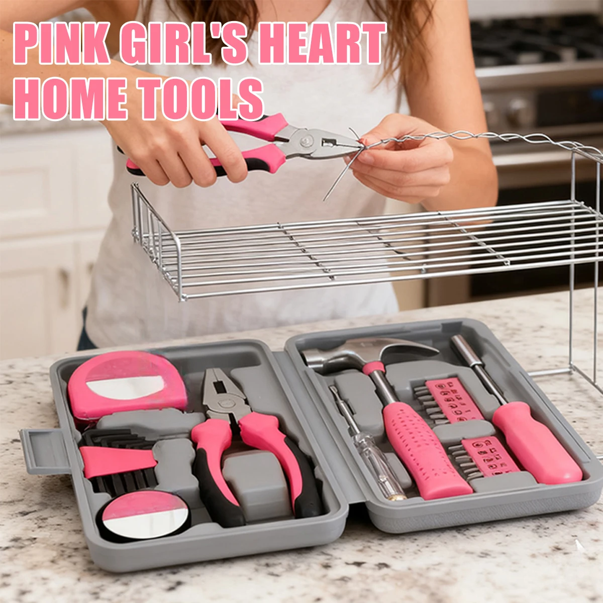 

24pcs Pink Household Tool Set, Sturdy Metal Hand Tool Kit, Classic Barn Style Toolbox, Women's Durable Metal Hand Tools
