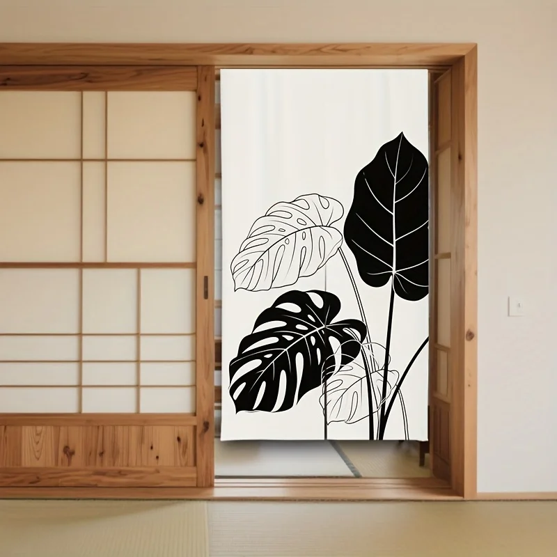 1pc Black and white tropical leaf pattern door curtain polyester fabric machine washable, suitable for dining rooms and kitchens