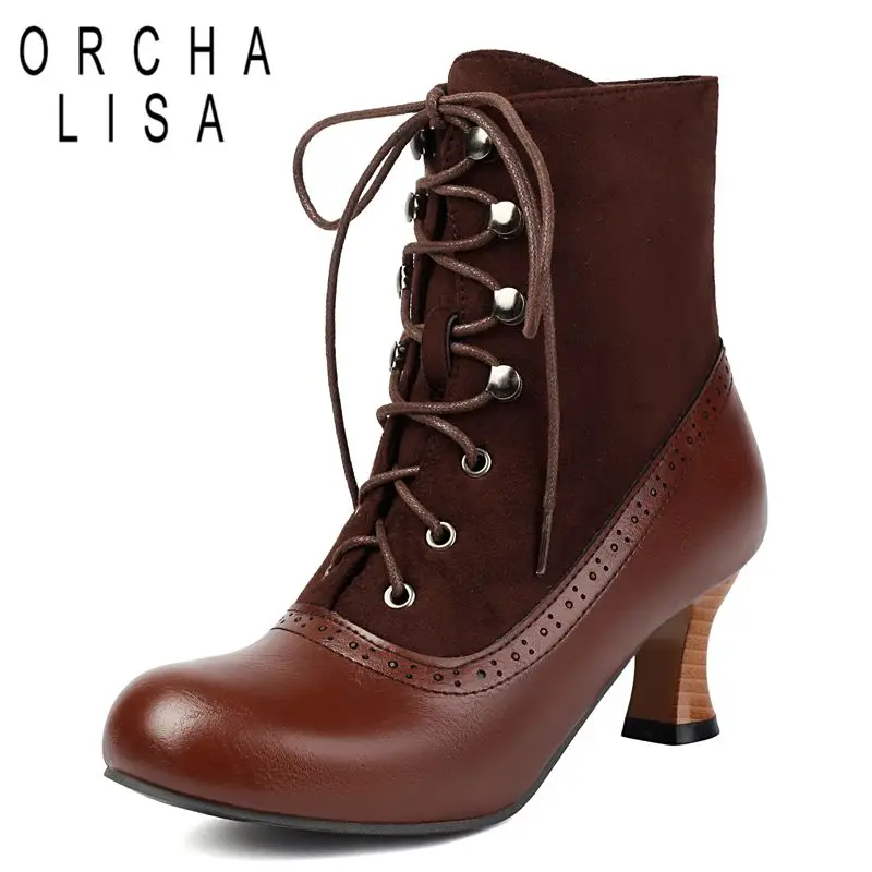 

ORCHA LISA 2025 RetroInspired Women Ankle Boots Round Toe Strange Heels 5.5cm Lace Up Mixed Color Big Size 46 47 48 Leisure Bota
