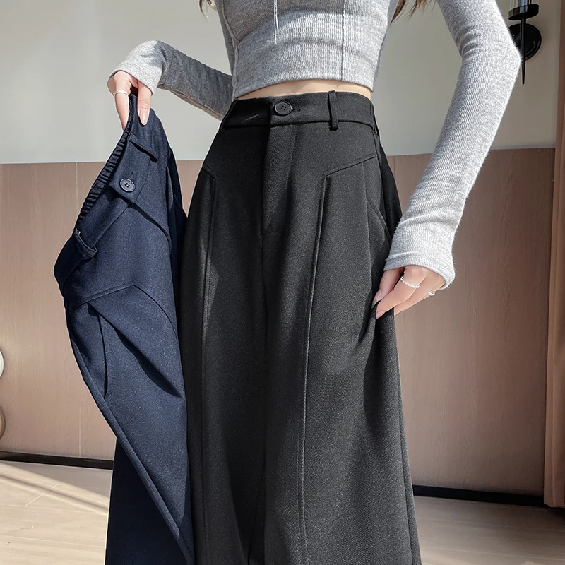 High Waist Knitted Elastic Denim Pants Autumn Winter New Style Loose Drapey Lazy Floor Length Wide Leg Pants Women's Fashion