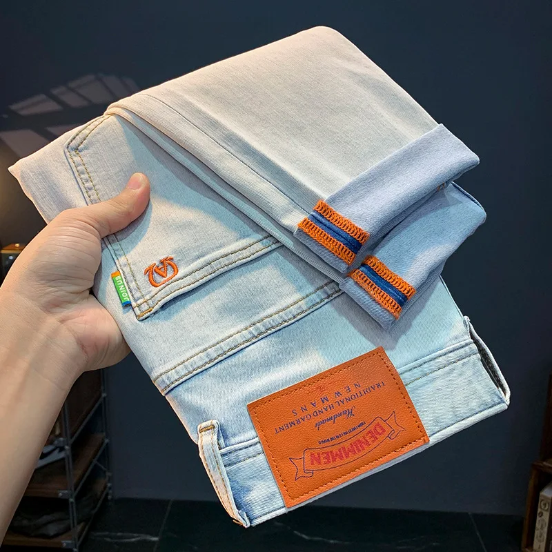 Light Blue Jeans Men's Summer Thin 2024 New Trendy All-Match Fit Pencil Pants Embroidered White Denim Pants