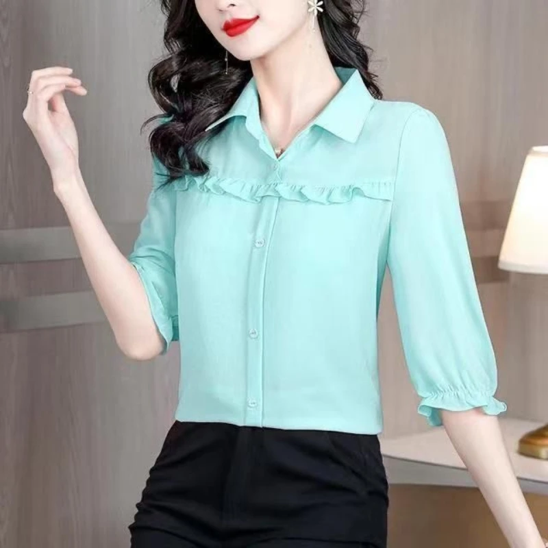 2024 Summer New Chiffon Shirt Women's Leisure High End Western Style Age Reducing Split Sleeve Top Fashionable and Elegant Small