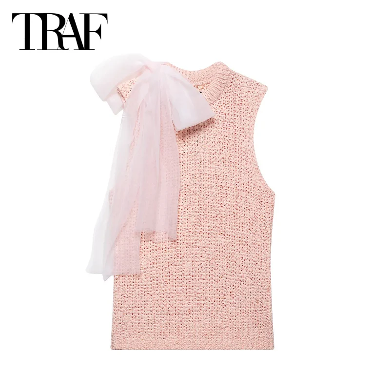 

TRAF Short Pink Sweater Vests 2025 Women's Spring Cropped Knitted Tank Tops Fashion Casual Elegant Y2k Bow Knitwear Tops