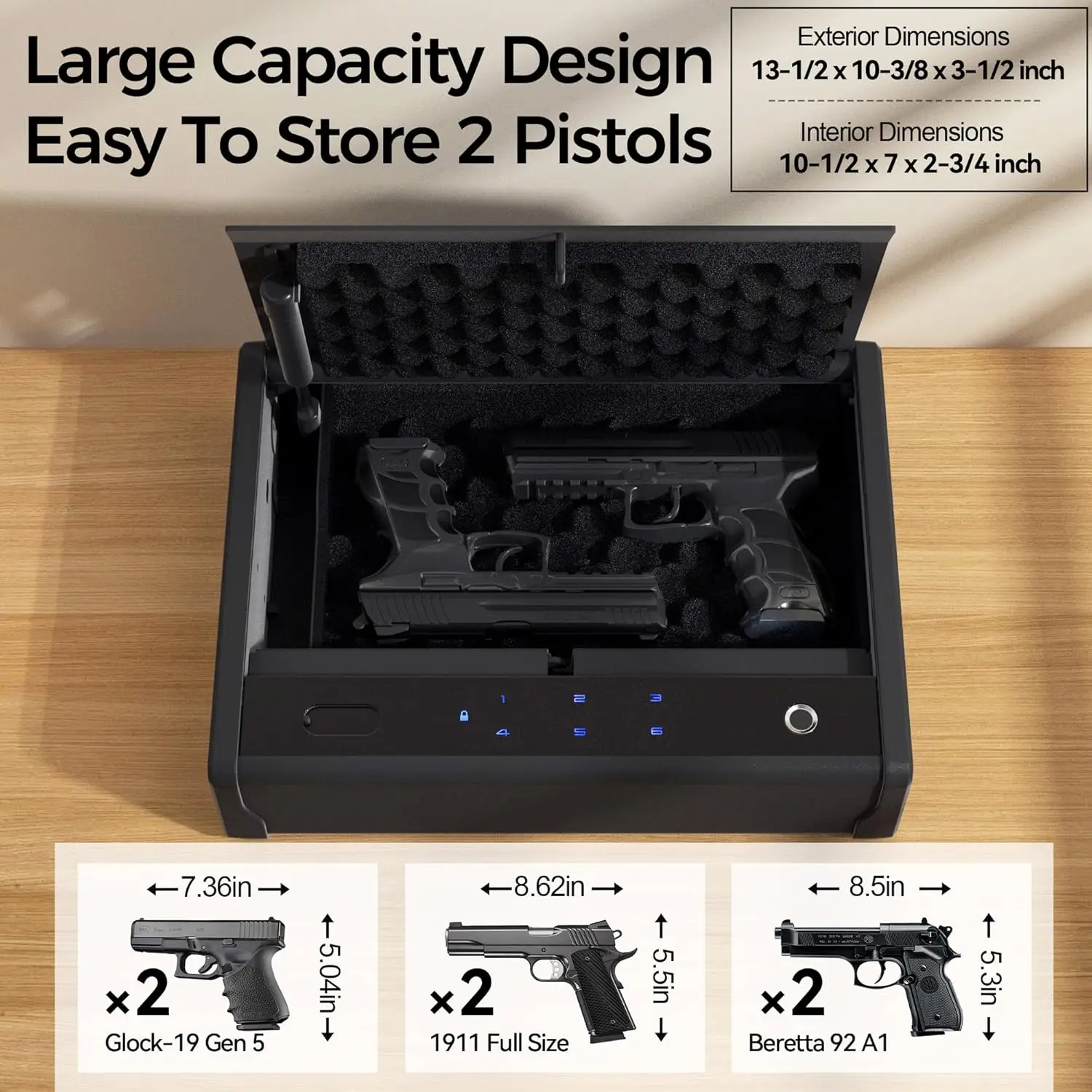 Biometric Fingerprint Gun Safe Pistol Safe 4 Ways 0.1S Quick Access, Fingerprint/Passcode/Key/App Unlock, Large Capacity Handgun