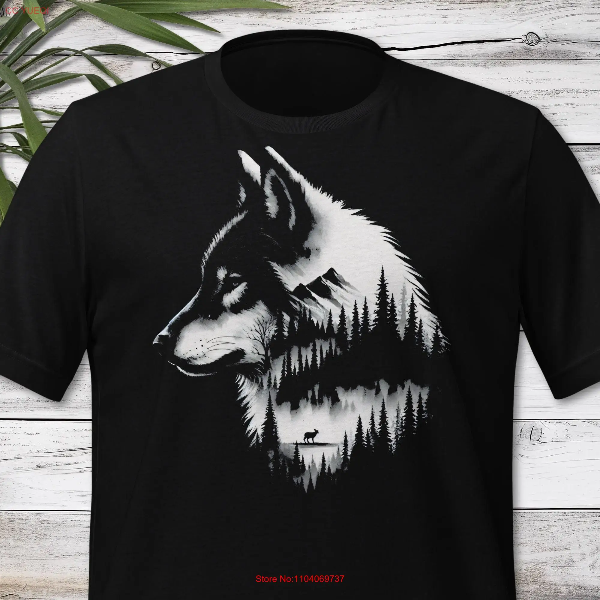 Wolf T shirt monochrome style with forest backdrop long or short sleeves