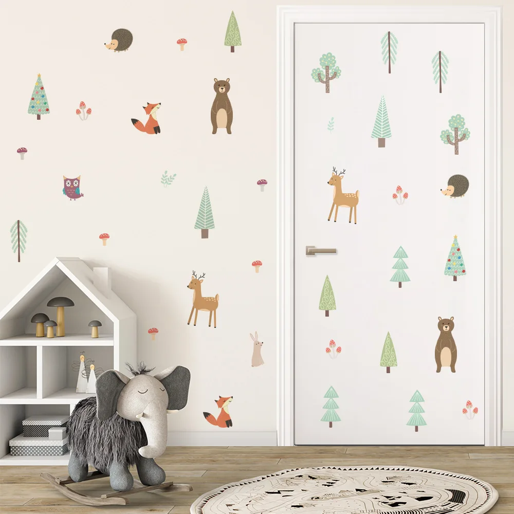 6pcs Nordic Cartoon DIY Wall Stickers Animals Forest PVC Wall Decals for Baby Bedroom Kids Room Decoration Home Decor Wallpapers