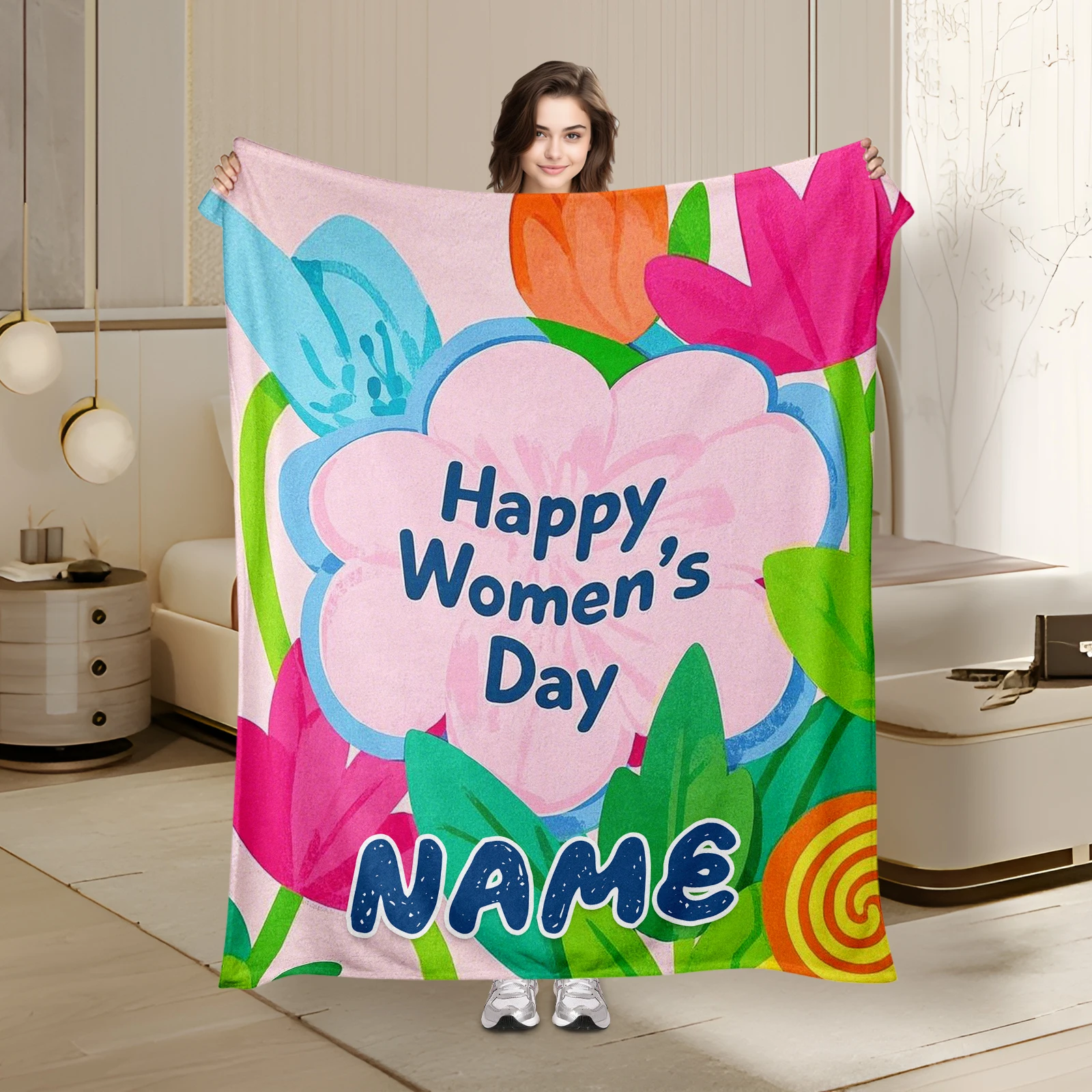

Women'S Day Plush Flannel Blanket Boasting Lovely Cartoon Characters Allowing 1 Word Personalization