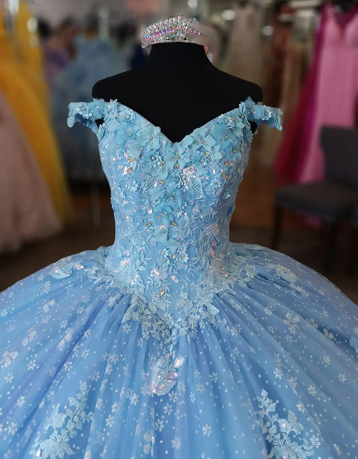 Vestidos de Quinceañera de tul con purpurina azul cielo