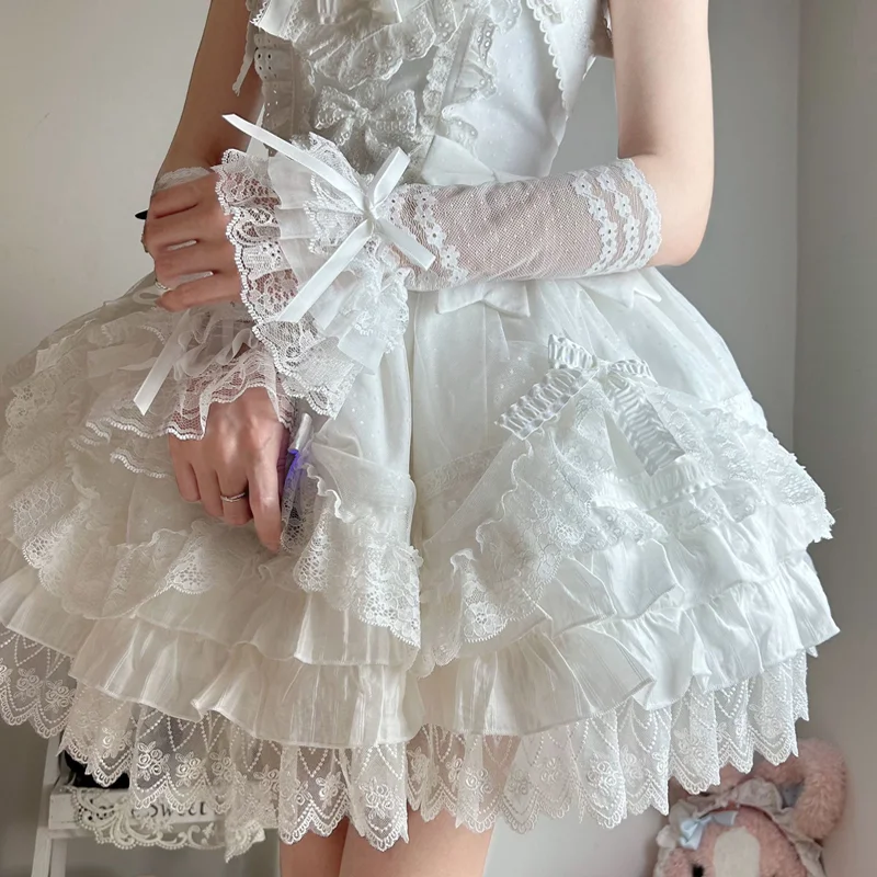 

White Long Sweet Bow Sleeves Girls Fairy Fingerless Lace Gloves Arm Cover Wedding Dress Gloves Horn cuff Cosplay Accessory