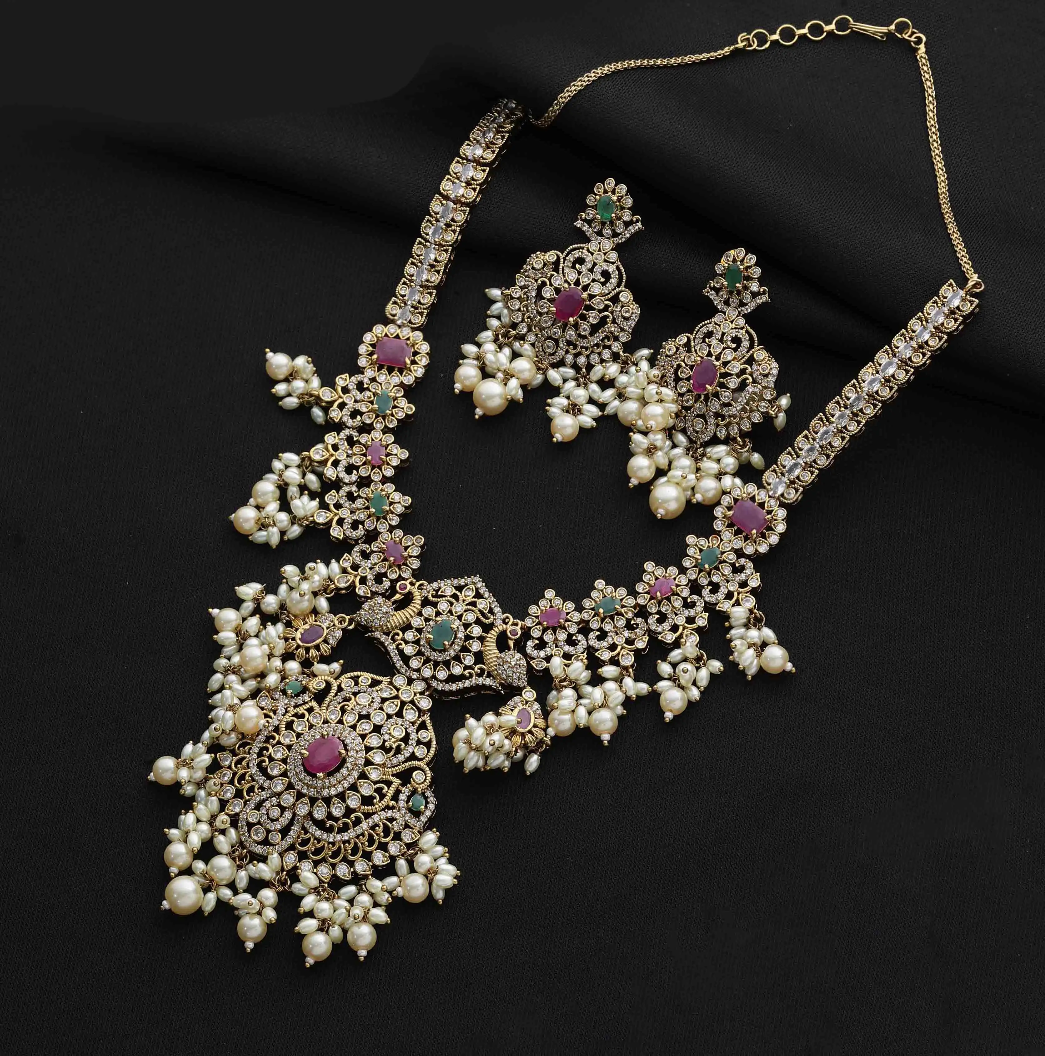 

Mehandi electroplated zircon long necklace, traditional Indian jewelry set, Indian imitation jewelry exporter fashion jewelry ex