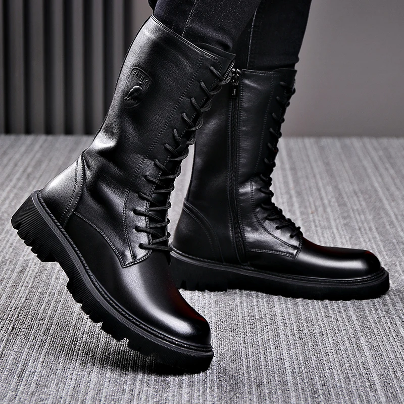 Botas de montar de cuero genuino para hombre, botas Martin de felpa suave, con cordones, Extra largas, mongol, motocicleta, Invierno