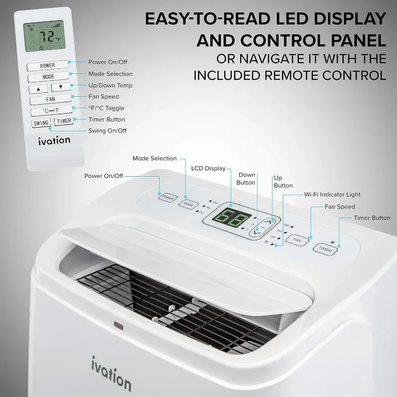 Aire acondicionado portátil Ivation de 13.000 BTU con Wi-Fi para habitaciones de hasta 500 pies cuadrados (8,500 BTU SACC)