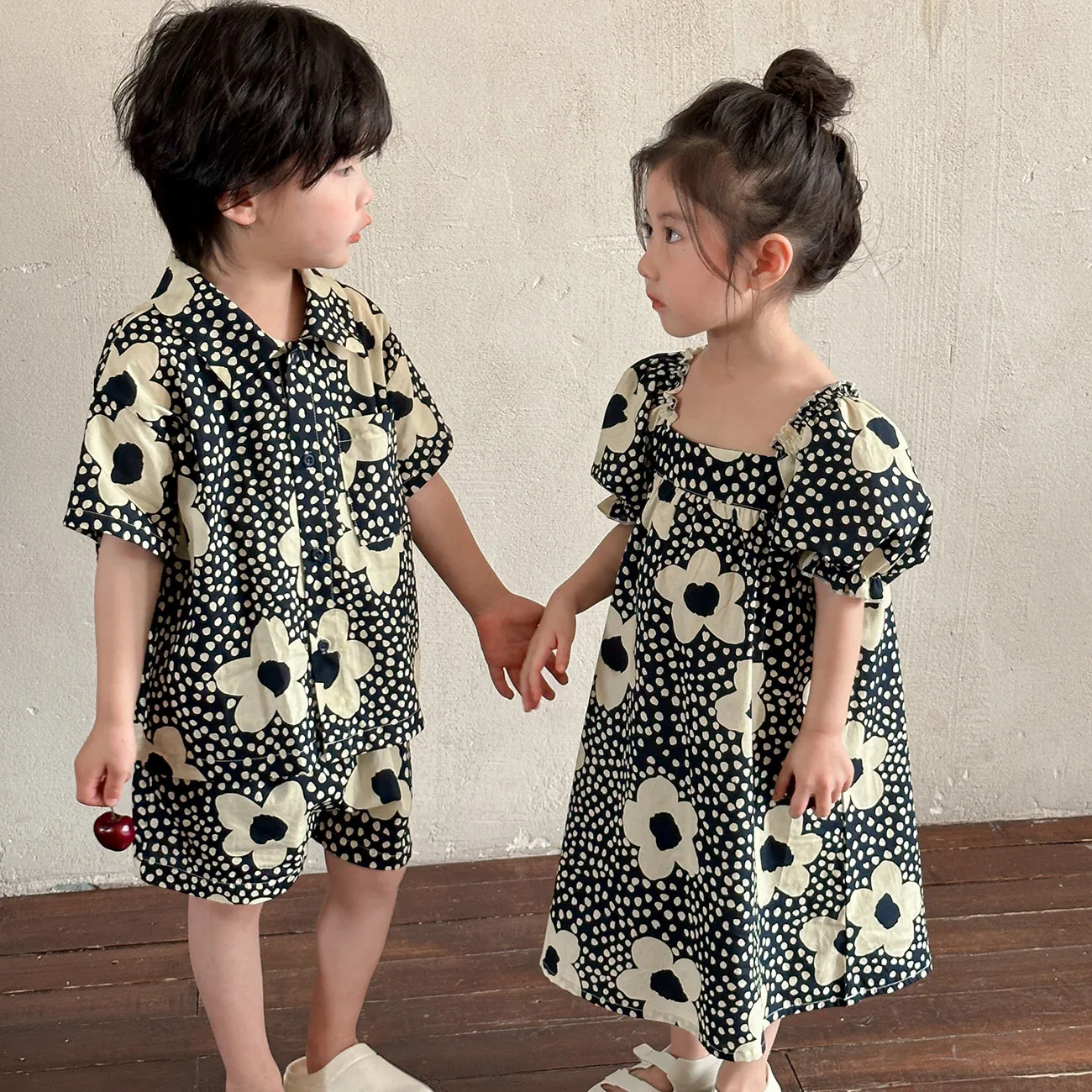 Brother Sister Clothes 2024 Summer New Girls Dresses Flower Print Shirts+Shorts 2Pcs Children Clothes Sets Holiday Boys Outfits