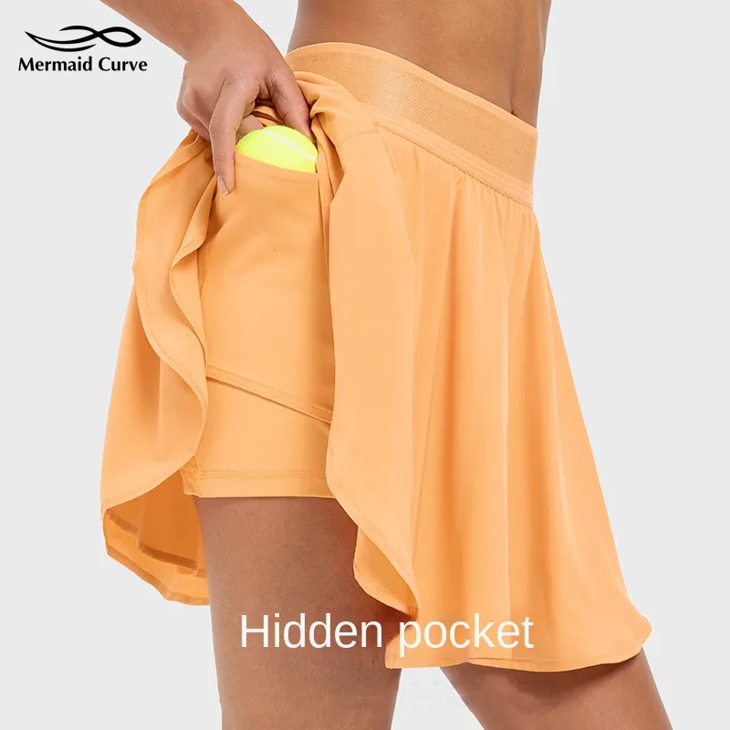 

Built-in Side Pocket False 2 Pieces Tennis Skirt Summer Running Shorts Cool Fabric Cooling Quick Dry Breathable Yoga Short Women