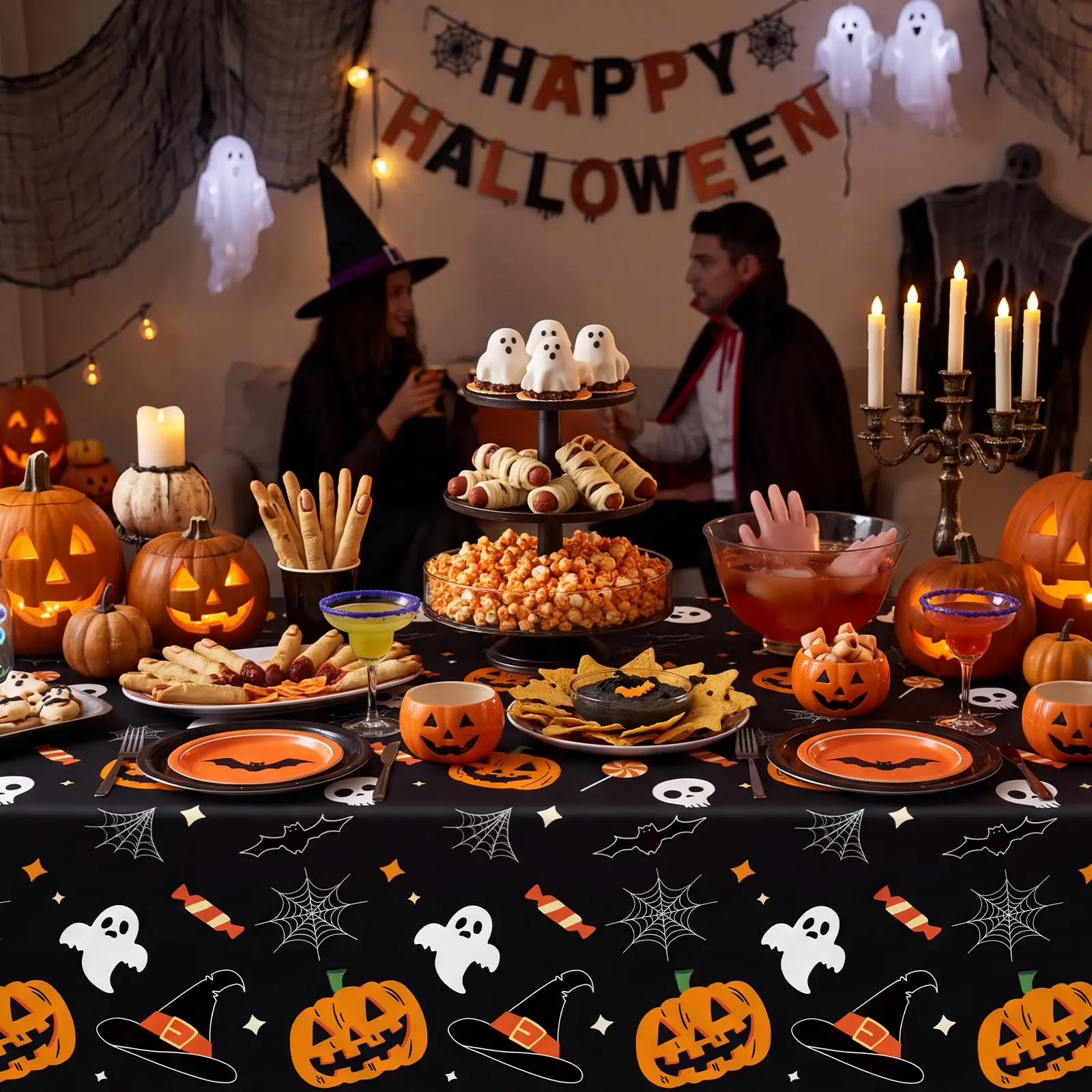 Halloween Tablecloth with Slide Cutter Pumpkin Ghost Plistic Table Covers for Halloween Party Decorations(Halloween Table
