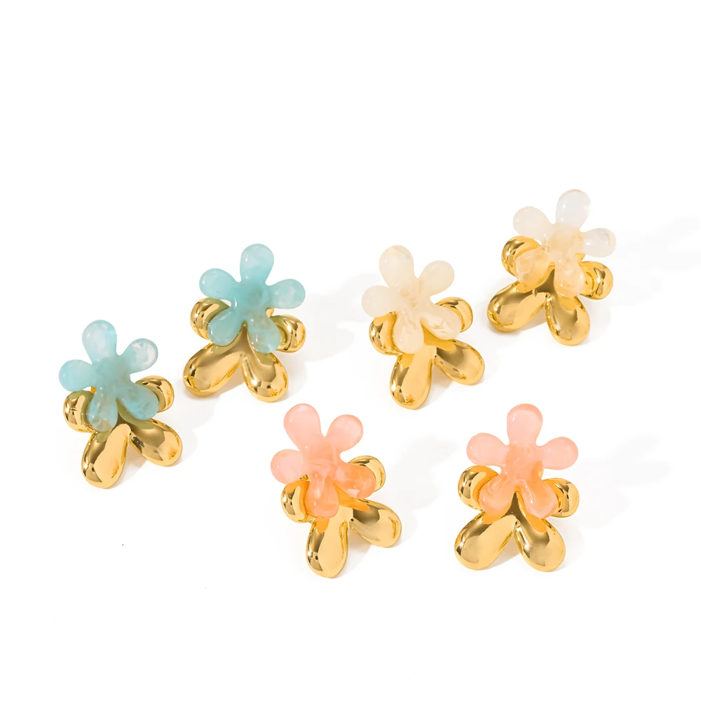 Colorful Resin Double Layer Flower Stainless Steel Earrings for Women Cute Style Daily Wear Fashion Jewelry New Design