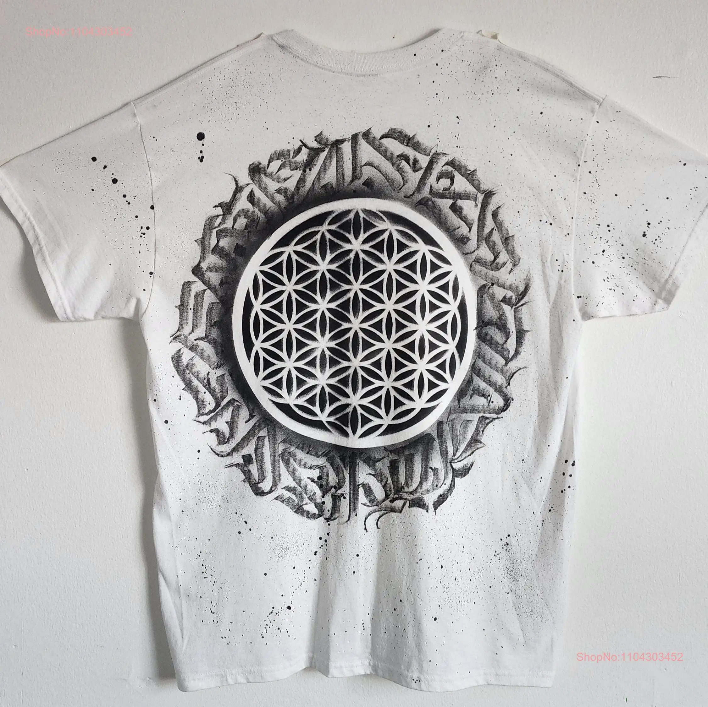 Flower of Life Caligraphy Hand Painted T Shirt Sacral Geometry Spiritual Symbol Caligrama Art Top Boho Hippie Lover