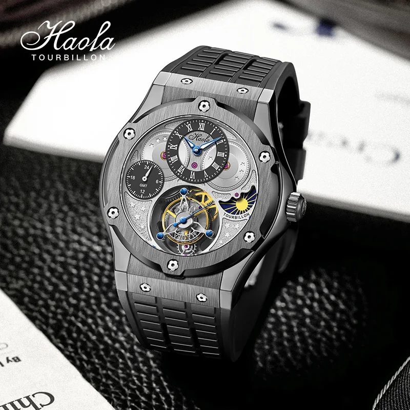 Haofa Moon GMT Flying Tourbillon Watch for Men Manual Mechanical Mens Sapphire Waterproof Wristwatches Luxury Day And Night 1919