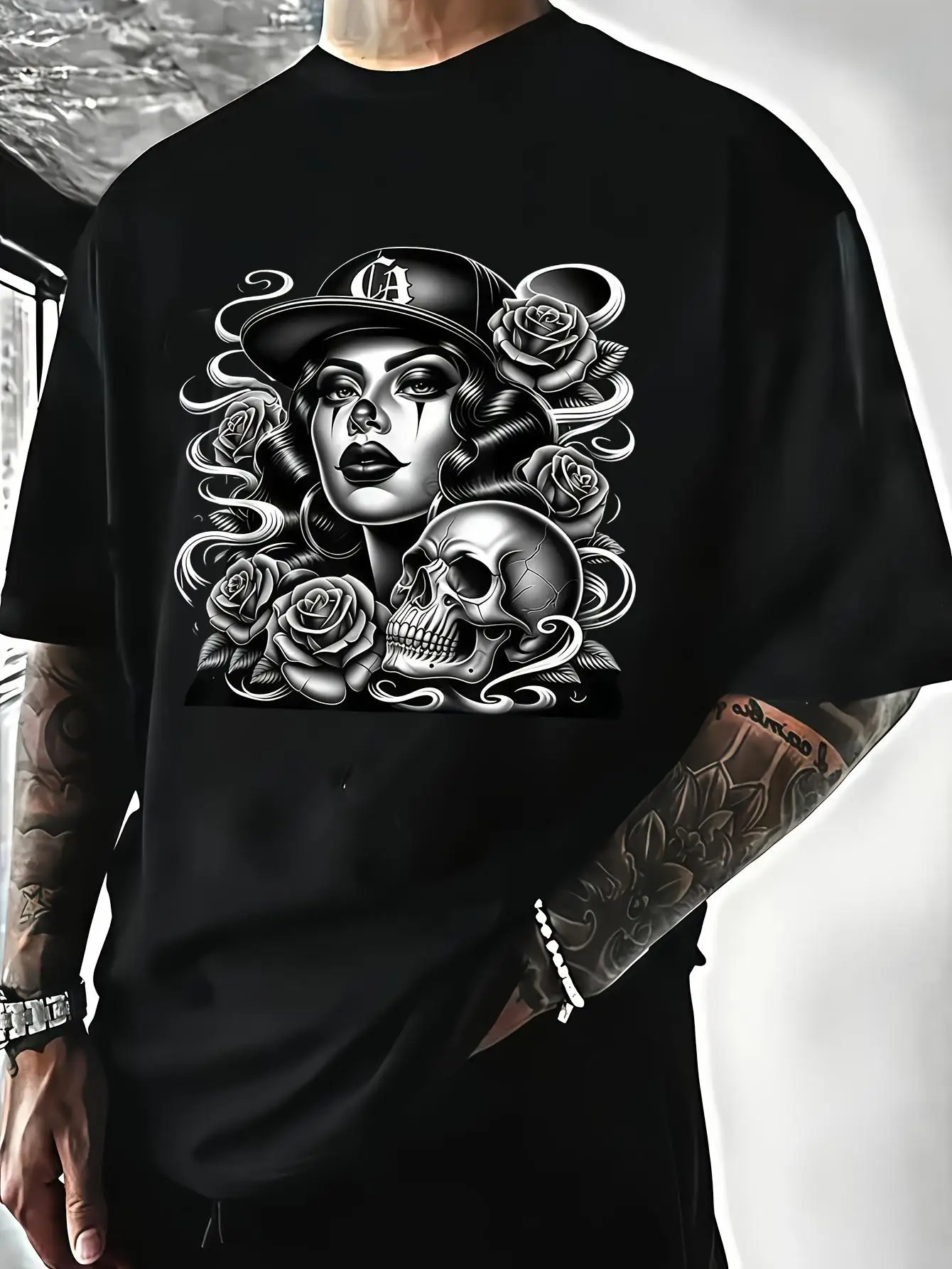 White Skull Rose Trend Art Print Plus Size Men's T-Shirt, Casual Fashion Style, Gifts for Everyday Wear, Graduation, Easter, Eid Al-Fitr, Sporting Events and Other Holidays, Plus Size
