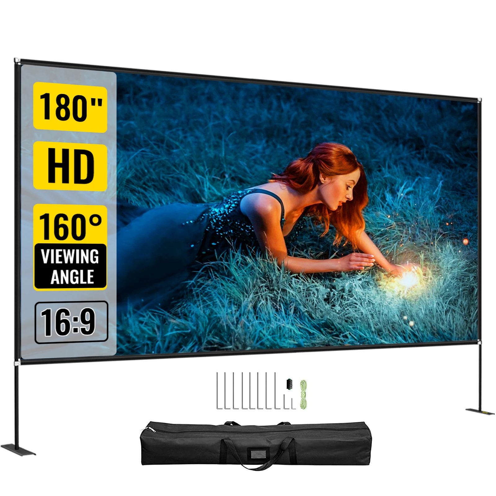 

VEVOR 180 Inch Projector Screen with Stand 16:9 4K HD Wide Angle with Storage Bag Portable Home Cinema for Outdoor and Indoor