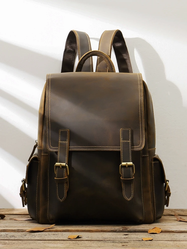 2025 New Casual Genuine Leather Men's Backpack Shoulder Laptop Bag Men Travel  Backpacks Retro Crazy Horse Leather Schoolbag