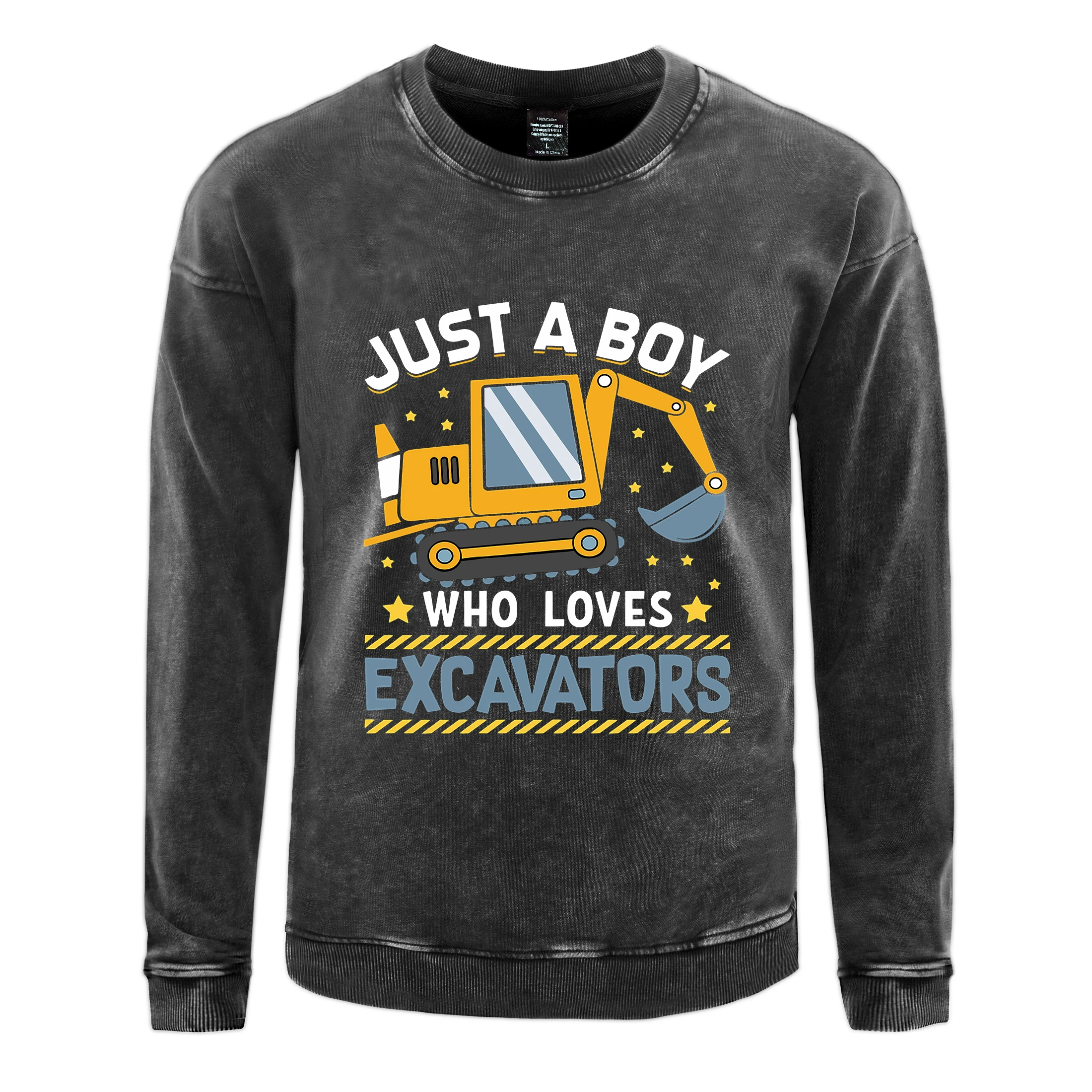 

Oversize Men Washed Sweatshirt Just A Boy Who Loves Excavators Prints Hoodie Autumn Warm Cotton Pullover Casual Couple Clothes