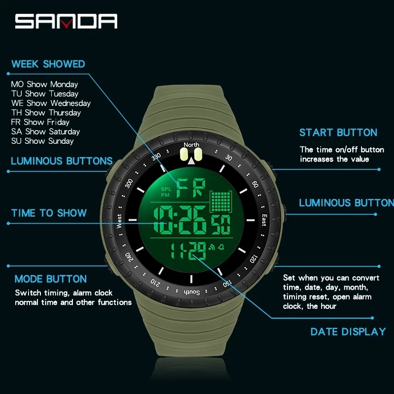 SANDA Brand Digital Watch Men Sport Watches Electronic LED Male Wrist Watch For Men Clock Waterproof Wristwatch SANDA Hours 6071