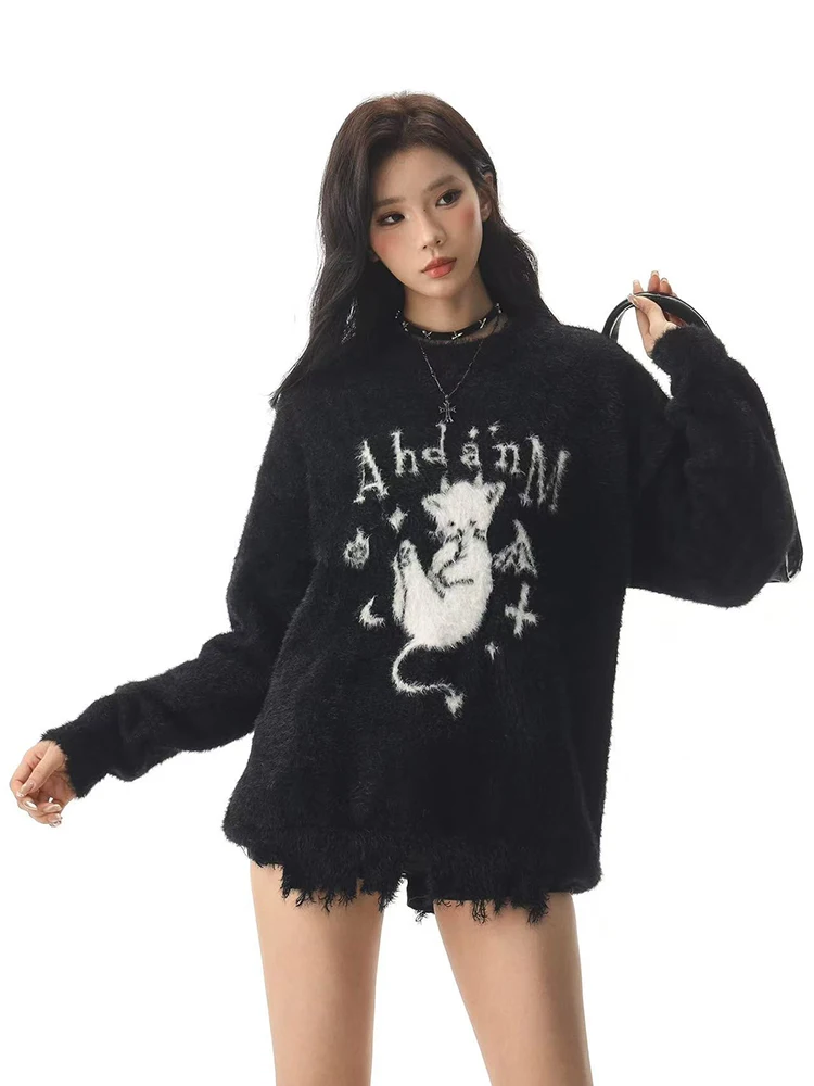 

Cute Cat Knit Sweater Women Winter Faux Mink Fur Warm O Neck Knitwear Y2K Korean Loose Sweet Preppy All Match Jumper Mujer