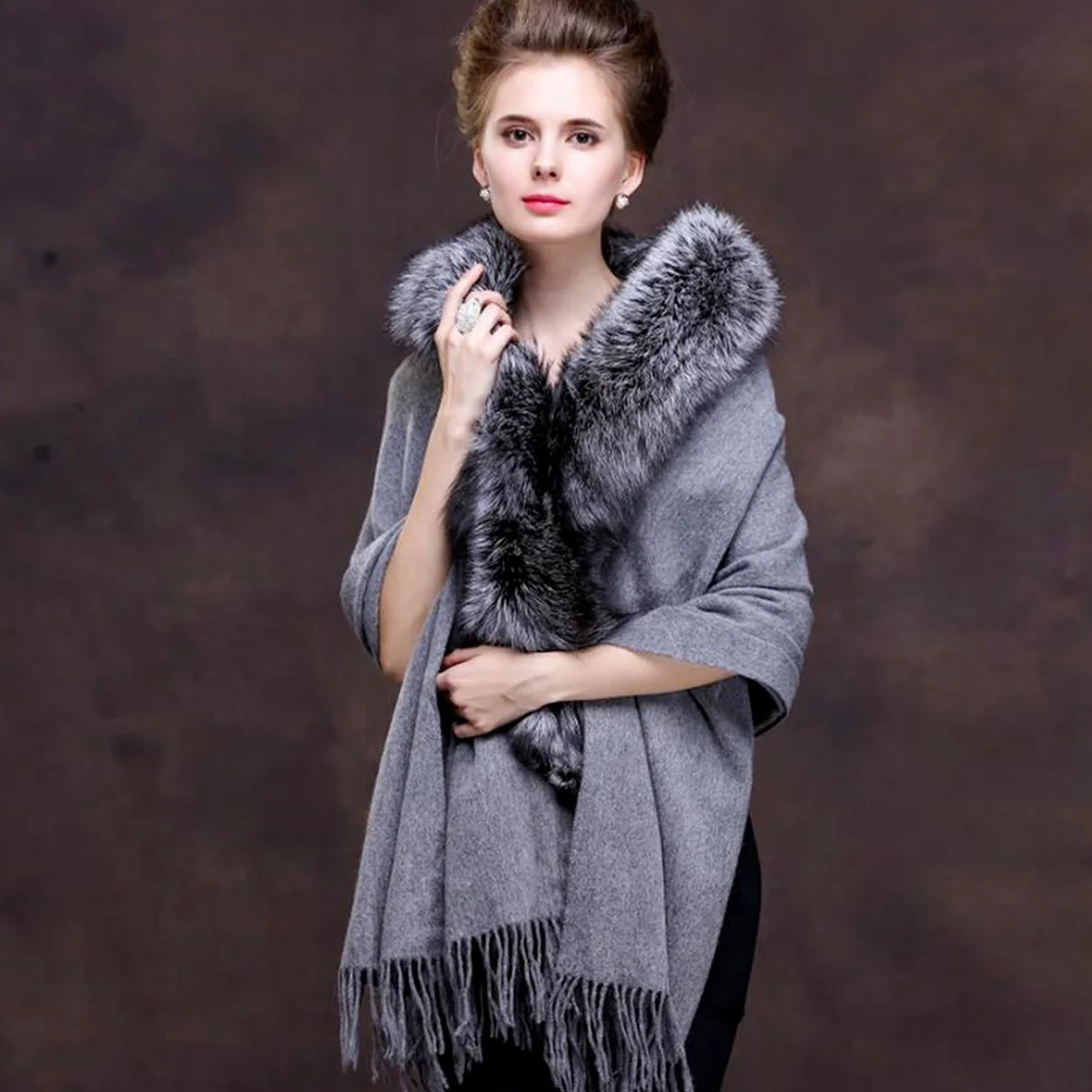 Genuine Leather Wool Fur Shawl With Fox Fur Collar Women's Genuine Leather Fur Shawl New Arrival Women's Shawl