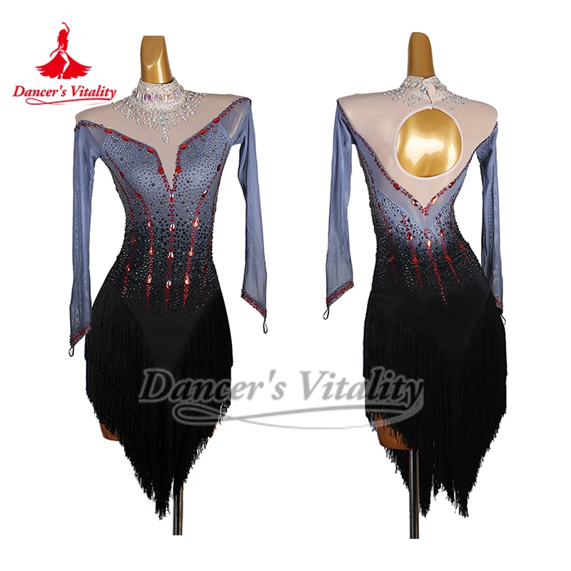 여성 고급 AB 스톤 라틴 댄스 전문가용 하이넥 프린지 스커트 성인 차차 삼바 공연 및 대회 드레스 맞춤 제작