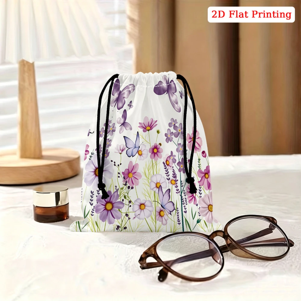 1pc Floral Butterfly Print Drawstring Bag White Flower Pattern Storage Small Pouch For Travel Cosmetics Jewelry Organizer Portab