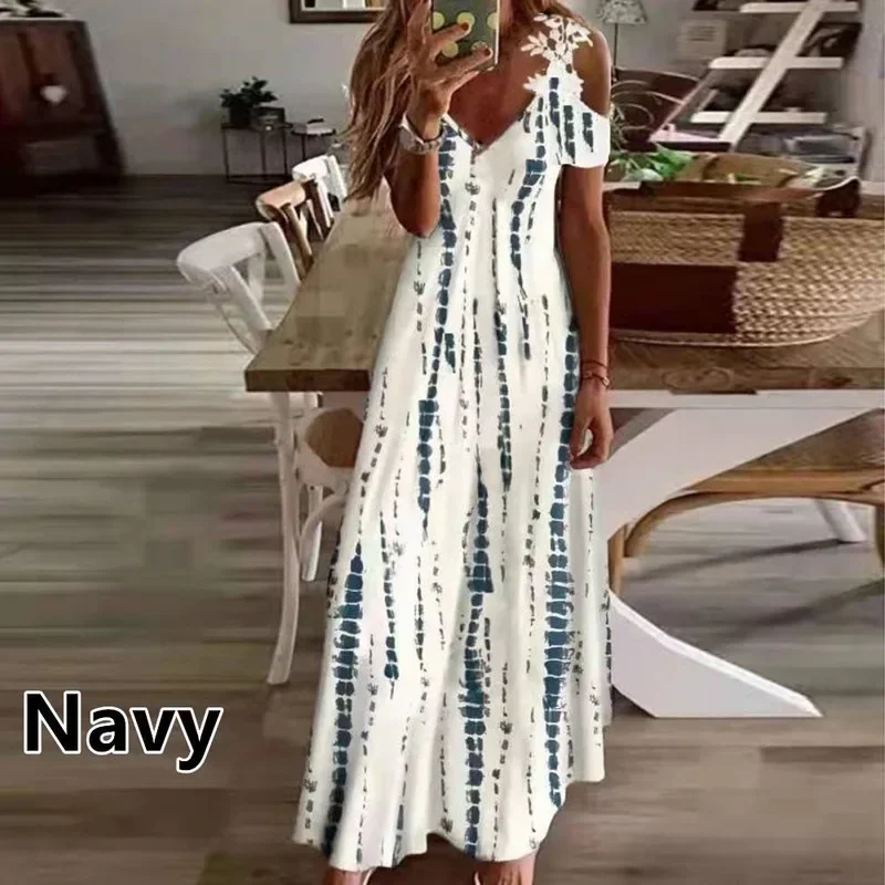 Women Floral Print Maxi Dress Boho Lace Sling Hollow Out A Line Long Dress Ladies Casual Loose V-Neck Beach Party Dress Vestidos